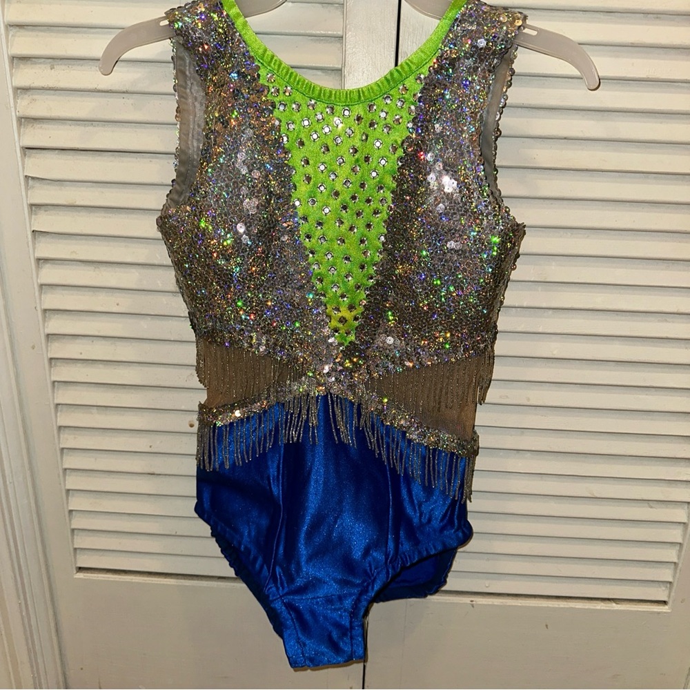 Blue/Lime green/Silver Majorette/Rhythmic gymnastics/ice skater leotard